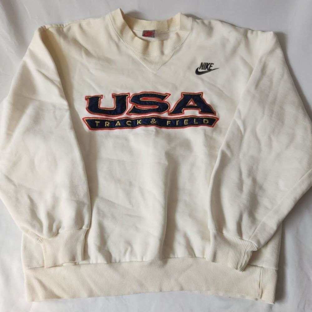 Nike USA Track And Field Mens L White Crewneck Sweatshirt Embroidered Vintage